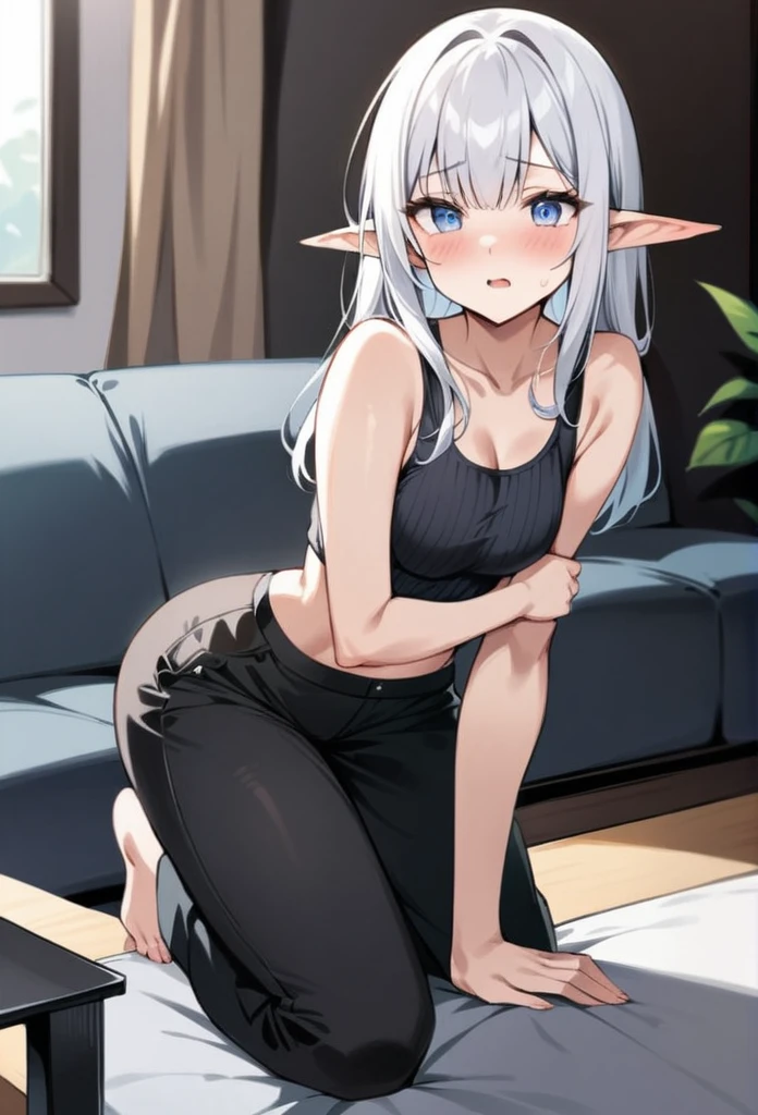 (masterpiece), best quality, expressive eyes, perfect face, Adult female, tall, toned body, elf, short ears, very short white hair, silver irises, blushing, on knees, embarrassed, flustered, black ribbed tanktop, black cargo pants, d-cup , highly detailed, on living room couch, perfect detail, high quality, perfect irises, perfect eyes, perfect hands, [close above view, looking up, looking at me, Alone, Non-nude]