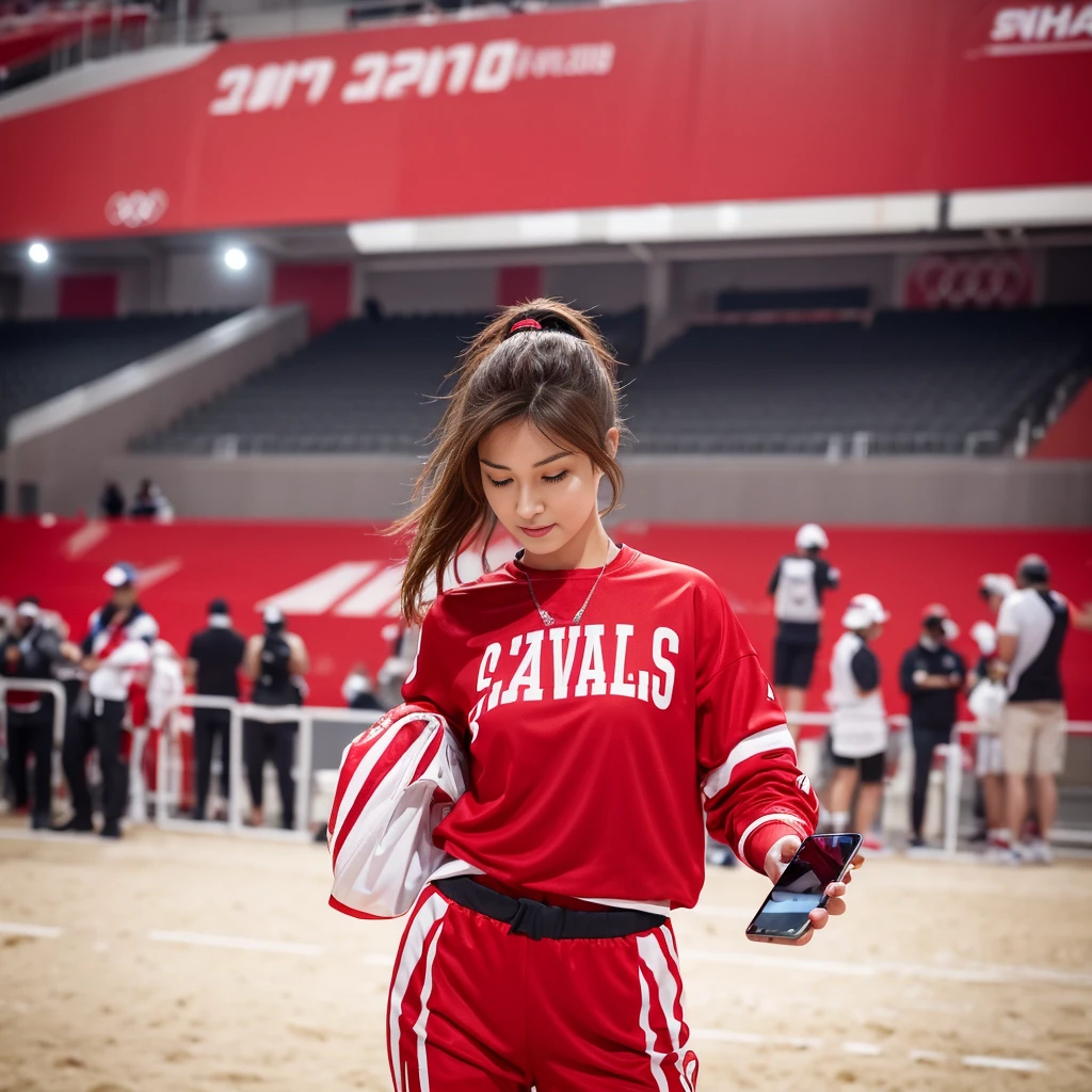 Woman dressed in red and white holding mobile phone in front of a crowd, Taken with iPhone, standing in an arena, Wear athletics clothing, Ice cold! 🧊, Inside the arena pit, long shot From the back, From the back, Filmed in 2020, In the middle of the arena, photo from the olympic games, Outperform the competition