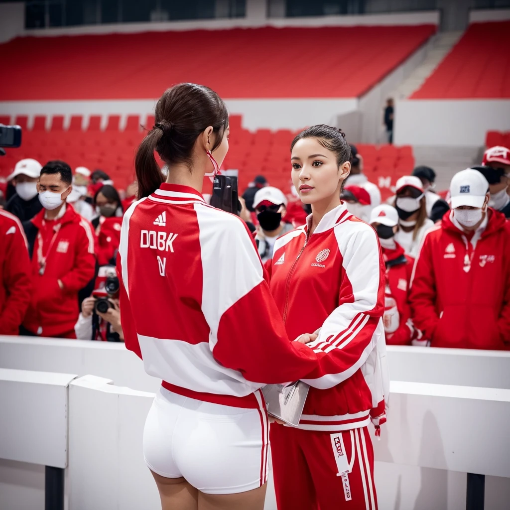 Woman dressed in red and white holding mobile phone in front of a crowd, Taken with iPhone, standing in an arena, Wear athletics clothing, Ice cold! 🧊, Inside the arena pit, long shot From the back, From the back, Filmed in 2020, In the middle of the arena, photo from the olympic games, Outperform the competition