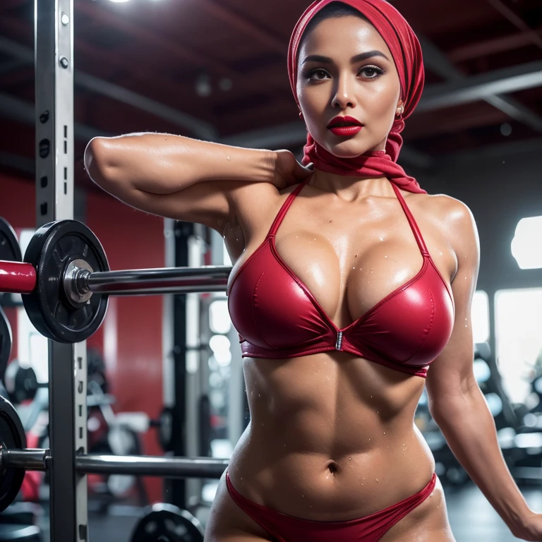 42 years Old, Sugar Mama, ((Beauty Nerd Hijab Indonesian MILF)), (Sensual Red lips : 1.5), wet Oily Tanlined Skin, (Large : 1.2), Sport Bra, Polish Nail and face, Full body, Breast about To burst out, Realistic Detailed Perfect abs, at Gym Place, Dark light, at Day time