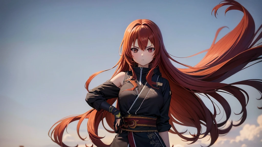 wiped, Girl with red hair, long hair, Beautiful girl, Anime, Anime стиль, Manga, красноволосая девушка ninja, ninja, Without background, White background