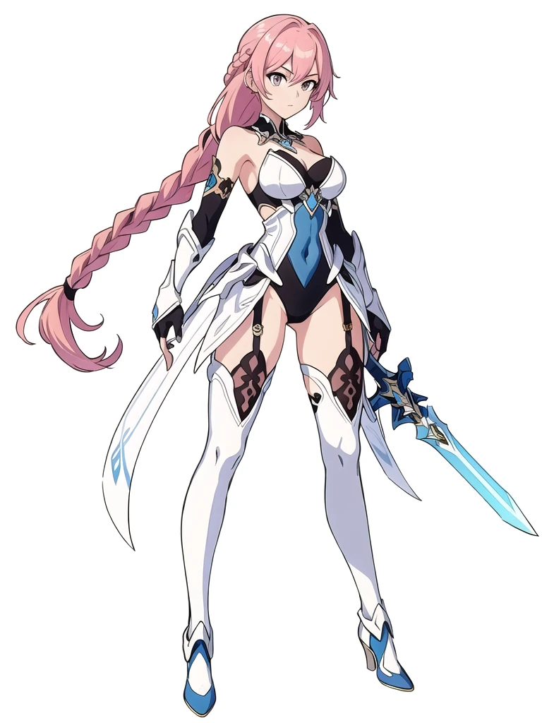 (((Best Quality))) , ((full body)), An adult female, (((white background))), variety of hairstyles, variety of design, gauntlets, leotard, body stocking, (cropped shoulders), holding great sword, gloves, stand posture, ((skyblue theme costume)), pink hair, thong, (braid),
