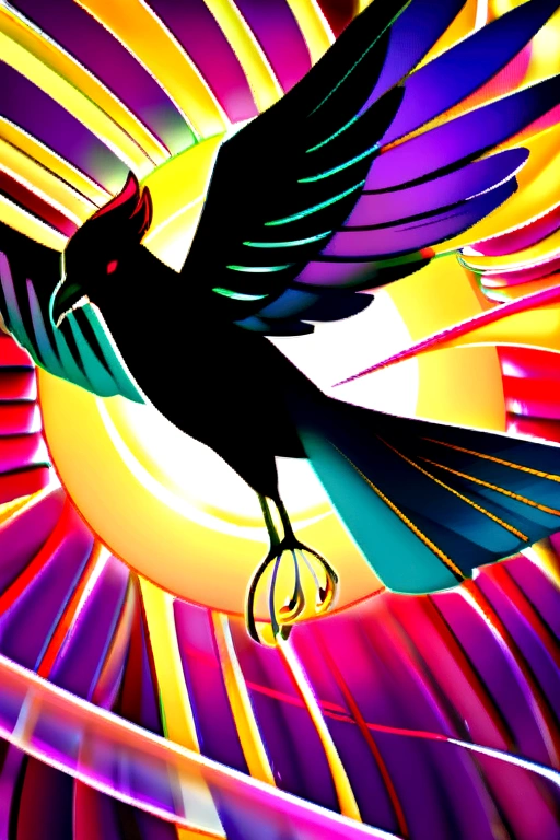 common crow, opening its wings, looking to the right, with colorful background