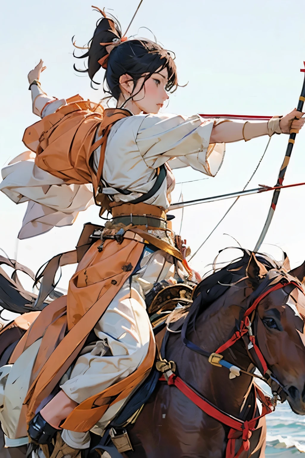 (masterpiece, best quality:1.2), yabusame, beautiful girl, horse, horseback riding, (from right side:1.2), (holding bow in left hand:1.2), long bow, (holding arrow:1.2), (kaburaya:1.2), kyudou-hikiwake, outstretched arm, black igote, deerskin mukabaki, galloping horse, red munagai, sea side,