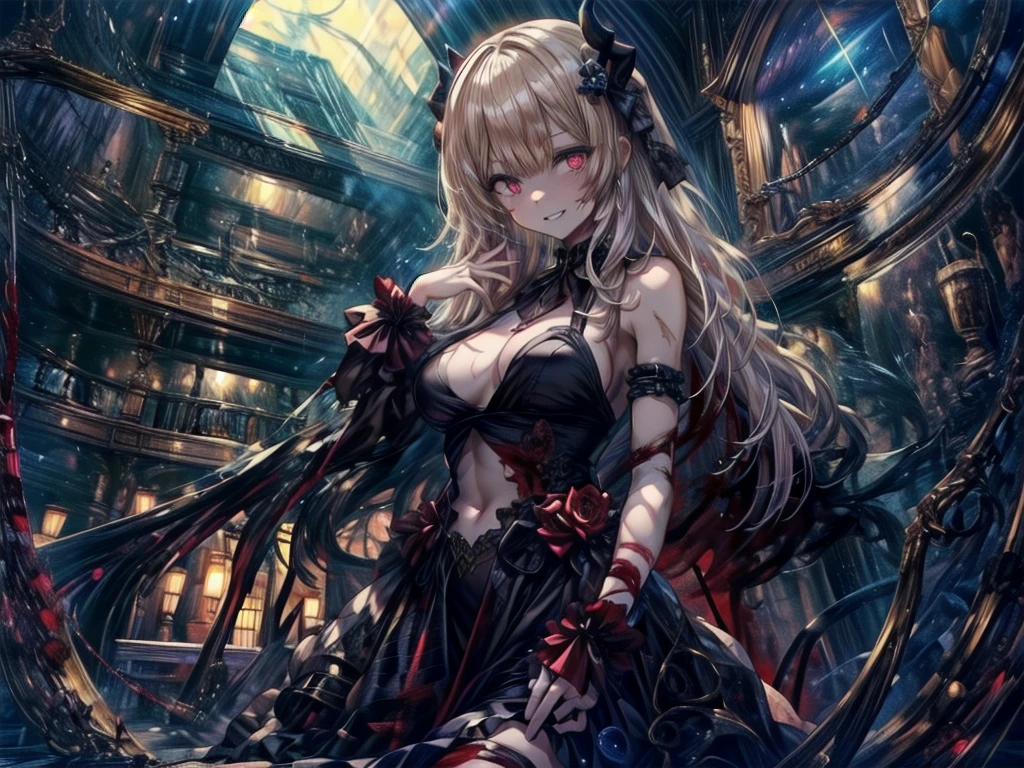 (Highest quality, masterpiece, 超High resolution), (8k wallpaper, High resolution, High resolution, born), (credibility: 1.4), (whole bodyショット), One girl, ((Anime Girls)),,(Bloodしぶき:1.6), ((Fantasy Witch Costume)), ((Flowing white hair)), ,(Bloodしぶき:1.6),Female curves, Large Breasts, Thick thighs, Sexy flat stomach, 完璧なhand, 完璧なアニメのface, ((dark lolita dress)), Are standing, ((Wicked Smile)), ,(Bloodしぶき:1.6),In the Victorian city, gaslight, Steam circulates, Moonlight Illumination, night間照明, A sky filled with stars and galaxies,disaster々new devil horns,,(Bloodしぶき:1.6),アニメzombie魔女デザイン, ねじれた笑face、Bloodまみれの、頭からの出Blood、Bloodしぶき、,(Bloodしぶき:1.6),Crossbones, skull, Streetwear Design, Provector, Horror Style, Full Design, Huge breasts, Very detailed, Realistic, Dark fantasy, Gloomy atmosphere, Intricate details, Crazy Smile, 狂ったeye, A cute and luxurious hair band,(masterpiece:1.2, Highest quality), Scary atmosphere、Distorted facial expressions、Horror Art、Bloodの雨、Bloodを流す、Bloodしぶき,(Bloodしぶき:1.6),悪魔のeye、redいeye、scar、火scar、whole body、Torn hair of a woman dressed in slave clothing、(Long Hair)、(eyeにかかる長さの前髪)、Black Hair、(((eyeの下のクマ)))、青白いskin、Feeling unwell、Pathological、邪悪な笑face、狂ったeye、(Grin)Dramatic makeup,Create mixed media art、,Horror 1 Girl, Open_mouth, , red_eye, Blood, Tilt_red_skin, Injury, Blood_in addition_face, Bandaged_arm, Blood_in addition_zombie, Blood_in addition_hand , Open your eyelids wide, The trend is all, mouthを大きくOpen, mouthを開けてteethをむき出しにする,獣のような鋭いteeth, Wide lips, 非常に広いmouth, Vermilion cheeks, blonde, ,(Bloodしぶき:1.6),Princess Cut, Ribbon hair ornament, brooch, Otaku Room, Well-built body, Nice body, Ample breasts, Thick body,eyeを大きく開いて、Scary atmosphere、Distorted facial expressions、ねじれた笑face、Bloodまみれの、頭からの出Blood、Bloodしぶき、whole body、,(Bloodしぶき:1.6),Long Hair、Long bangs、Well-built,Broad shoulders,I focus,(face),Messy Hair,いeye,(光るeye),red信号,笑face,big 笑face,teeth,psycho 笑face,gesugao,Dark city background,darkness,night,(close),良いeye, 良いteeth,サディスティックな笑face,,all,光沢のあるskin,詳細なface,Beautiful body, mouthからの白い息 Luxurious lace long gloves