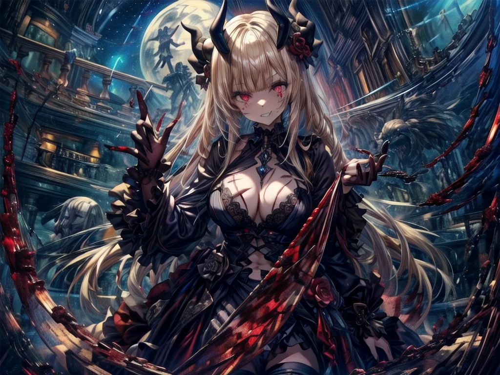 (Highest quality, masterpiece, 超High resolution), (8k wallpaper, High resolution, High resolution, born), (credibility: 1.4), (whole bodyショット), One girl, ((Anime Girls)),,(Bloodしぶき:1.6), ((Fantasy Witch Costume)), ((Flowing white hair)), ,(Bloodしぶき:1.6),Female curves, Large Breasts, Thick thighs, Sexy flat stomach, 完璧なhand, 完璧なアニメのface, ((dark ta dress)), Are standing, ((Wicked Smile)), ,(Bloodしぶき:1.6),In the Victorian city, gaslight, Steam circulates, Moonlight Illumination, night間照明, A sky filled with stars and galaxies,disaster々new devil horns,,(Bloodしぶき:1.6),アニメzombie魔女デザイン, ねじれた笑face、Bloodまみれの、頭からの出Blood、Bloodしぶき、,(Bloodしぶき:1.6),Crossbones, skull, Streetwear Design, Provector, Horror Style, Full Design, Huge breasts, Very detailed, Realistic, Dark fantasy, Gloomy atmosphere, Intricate details, Crazy Smile, 狂ったeye, A cute and luxurious hair band,(masterpiece:1.2, Highest quality), Scary atmosphere、Distorted facial expressions、Horror Art、Bloodの雨、Bloodを流す、Bloodしぶき,(Bloodしぶき:1.6),悪魔のeye、redいeye、scar、火scar、whole body、Torn hair of a woman dressed in slave clothing、(Long Hair)、(eyeにかかる長さの前髪)、Black Hair、(((eyeの下のクマ)))、青白いskin、Feeling unwell、Pathological、邪悪な笑face、狂ったeye、(Grin)Dramatic makeup,Create mixed media art、,Horror 1 Girl, Open_mouth, , red_eye, Blood, Tilt_red_skin, Injury, Blood_in addition_face, Bandaged_arm, Blood_in addition_zombie, Blood_in addition_hand , Open your eyelids wide, The trend is all, mouthを大きくOpen, mouthを開けてteethをむき出しにする,獣のような鋭いteeth, Wide lips, 非常に広いmouth, Vermilion cheeks, blonde, ,(Bloodしぶき:1.6),Princess Cut, Ribbon hair ornament, brooch, Otaku Room, Well-built body, Nice body, Ample breasts, Thick body,eyeを大きく開いて、Scary atmosphere、Distorted facial expressions、ねじれた笑face、Bloodまみれの、頭からの出Blood、Bloodしぶき、whole body、,(Bloodしぶき:1.6),Long Hair、Long bangs、Well-built,Broad shoulders,I focus,(face),Messy Hair,いeye,(光るeye),red信号,笑face,big 笑face,teeth,psycho 笑face,gesugao,Dark city background,darkness,night,(close),良いeye, 良いteeth,サディスティックな笑face,,all,光沢のあるskin,詳細なface,Beautiful body, mouthからの白い息 Luxurious lace long gloves