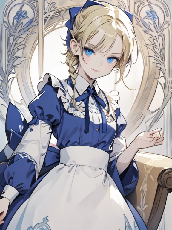 masterpiece, Highest quality, Very detailed, 16K, Ultra-high resolution, Cowboy Shot, Alice in Wonderland, (art nouveau:1.4), 10-year-old girl, Detailed face, Mischievous Smile, blue eyes, Blonde, Mega Twin Drill, Ribbon on head, Blue clothes, Plain white apron, 大きなclockのある部屋で, clock, 壁clock
