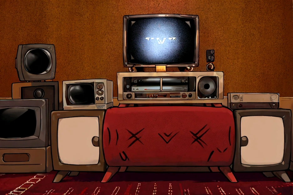 Man with TV head sitting on the carpet in his living room watching a TV. (several smaller TVs that form one large TV) tube tv, shelf with several cassette tapes, a VCR and a DVD player under the television.