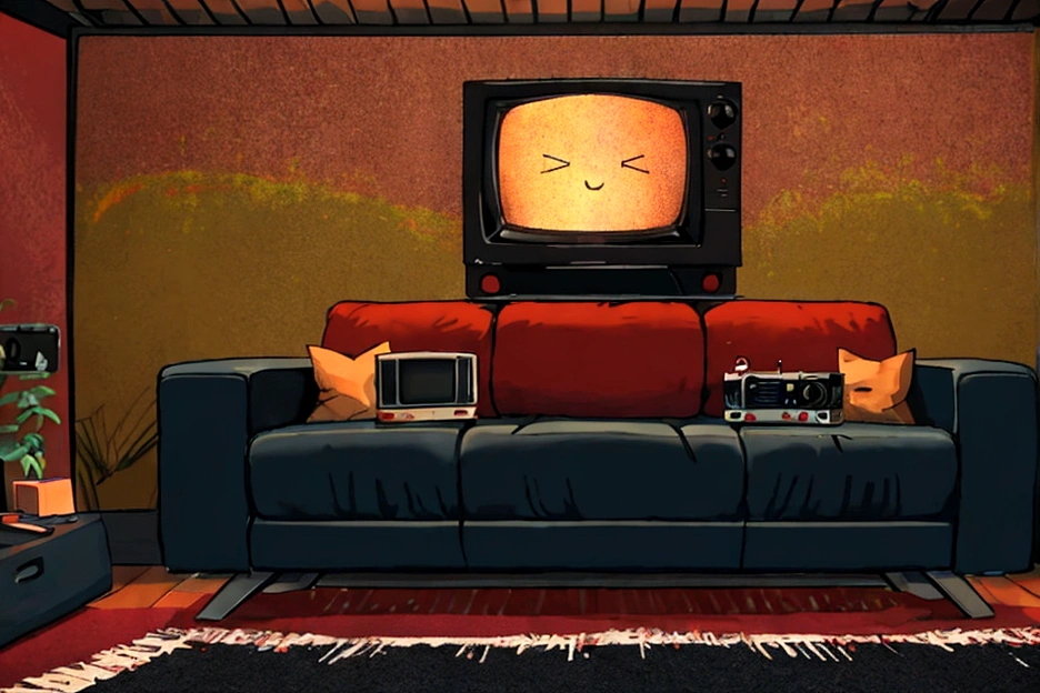 Man with TV head sitting on the carpet in his living room watching a TV. (several smaller TVs that form one large TV) tube tv, shelf with several cassette tapes, a VCR and a DVD player under the television.