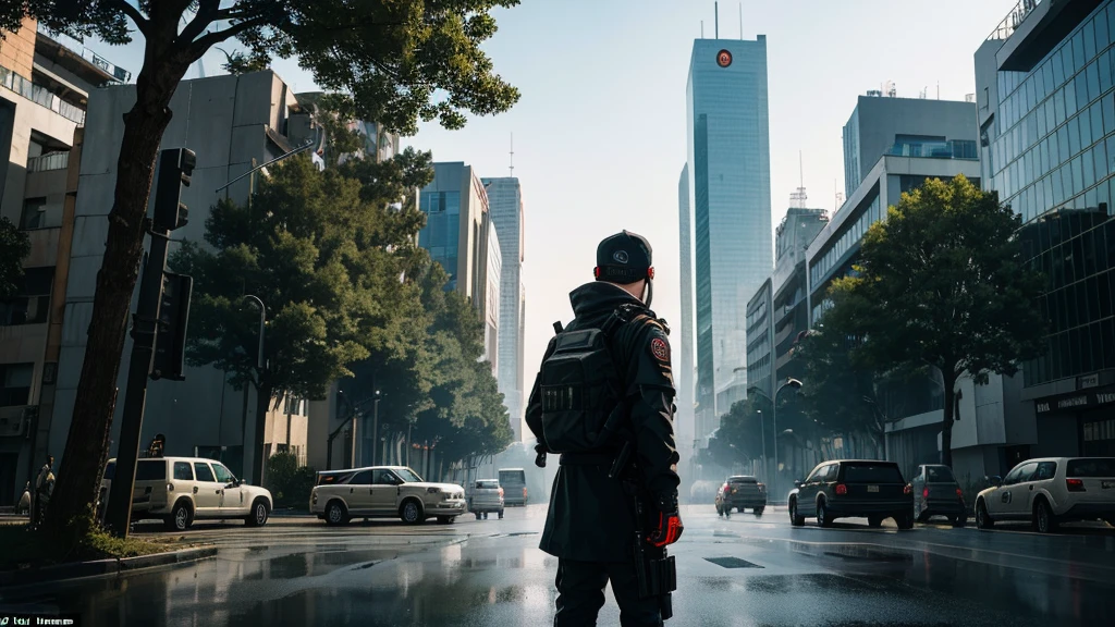 A rebel group or gang, dressed in a simple and technological way, observes the urban landscape with a mix of admiration and melancholy towards society. (The scenario must reflect both technological advancement and dystopian aspects of the future, set in more forest)