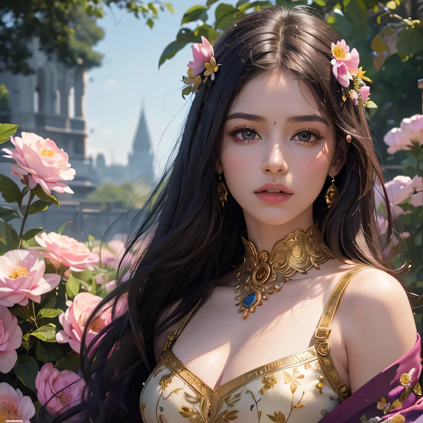 (best quality,4k,8k,highres,masterpiece:1.2),ultra-detailed,(realistic,photorealistic,photo-realistic:1.37),a girl in a garden,medium:oil painting,beautiful detailed eyes,beautiful detailed lips,extremely detailed eyes and face,long eyelashes,translucent silk,deep violet color,gold trim,gold embroidered flowers,Indian woman aged 30,focus on the cloak,vivid colors,soft lighting