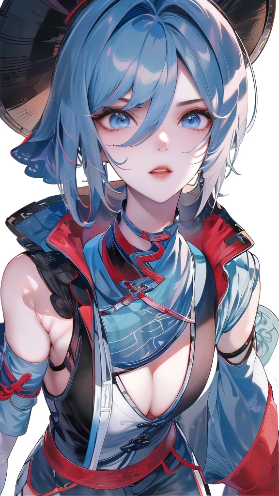 Masterpiece, Best quality, 1 Ji Ruxue, the expression is cold, strong, blue eyes, short hair, wolfcut hairstyle, smoky mix blue color hair, resolute eyes, red lips, simple Taoist Taoist uniform, Chinese mix morden, frontal photo, black or white background, simple background, アニメ, illustration, Chinese style short-sleeved shirt, cool girl, Ji Ru Xue, Fullbody, blank background , full HD