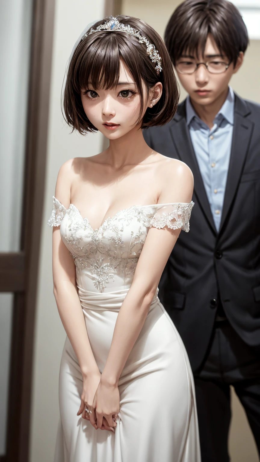 off-the-shoulder wedding dresses、Beautiful young wife、Super detailed、Particles of light:0.5、Shiny and smooth skin texture、First Night、Love each other、Beautiful clear eyes、Secret Love Affair、Sex、、Natural Texture、Short Hair、、Mature slender beauty、Small breasts、Dignified face、Love each other男と女、Nasty relationship、Place your hand on your chest、slouch