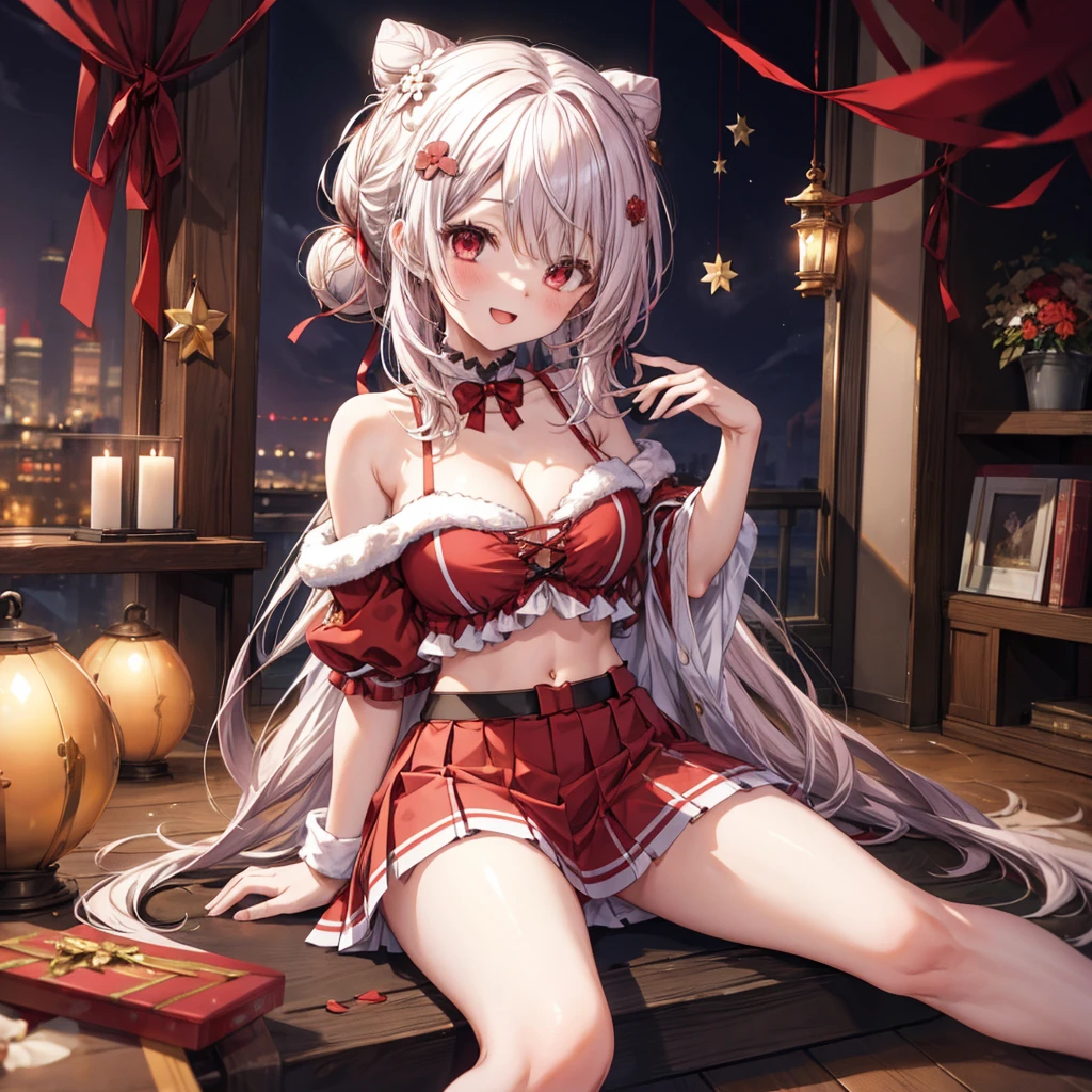 ((Highest quality)), ((masterpiece)), (detailed), the girl in a santa costume is sitting on the floor with all of her ornaments, 1girl, breasts, black ribbon, 独奏, long hair, hair bun, red eyes, cleavage, ribbon, sitting, navel, looking at viewer, smile, large breasts, hair ornament, open mouth, ahoge, skirt, bell, hair flower, flower, red skirt, night