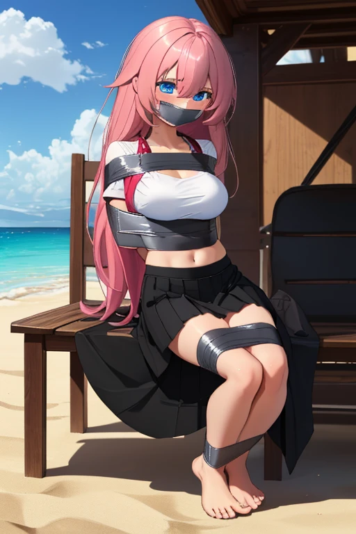 1 girl, detailed blue eyes, longeyelashes, detailed beautiful face, Side parts,, tied up,sit on a chair, (arms behind back:1.6), bound arms, (blushing:1.3), (Big boobs:1.1), shibari over clothes, full body bondage, (black skirt, White top, barefoot:1.4), sitting in an armchair, beach in the background, tied gag, close ups
