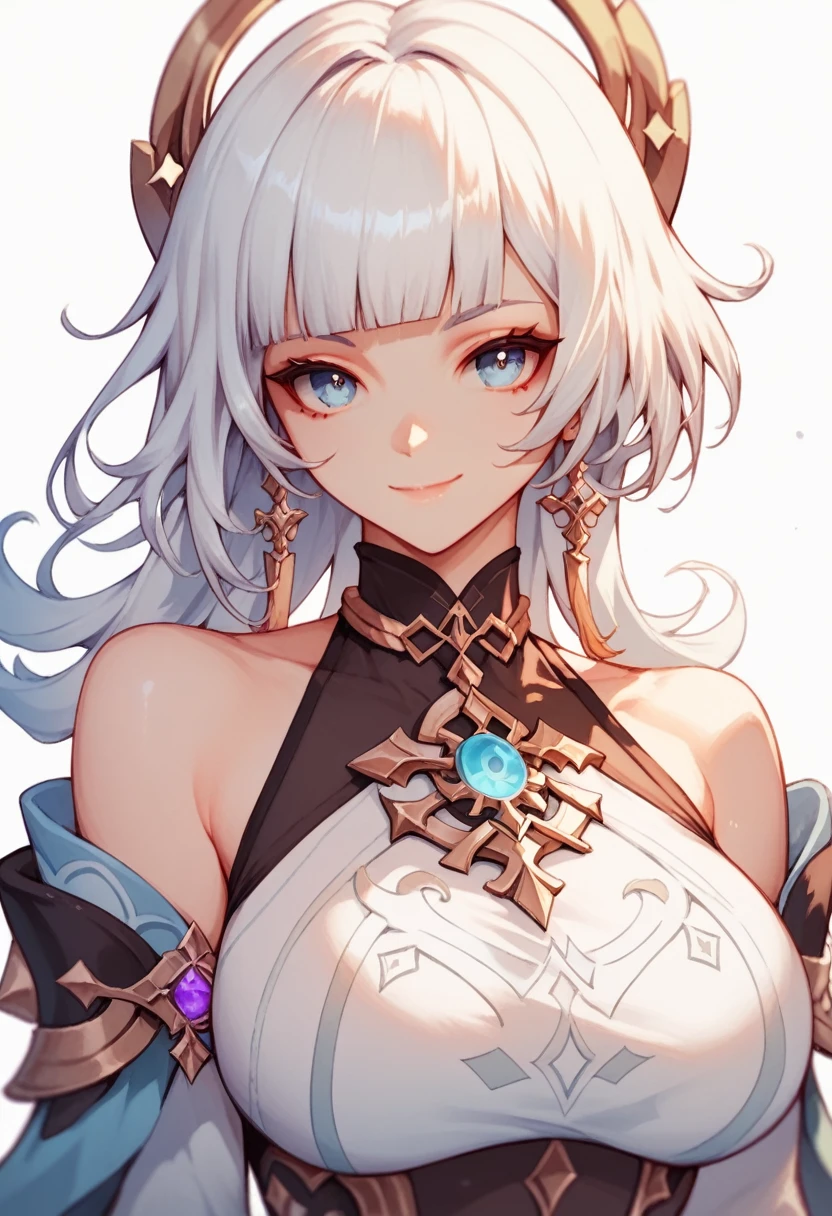 1girl, solo, white hair, blue eyes, standing, white background, , looking at viewer, smile, blunt bangs, looking at viewer, closed mouth, genshin impact clothes, large breast,