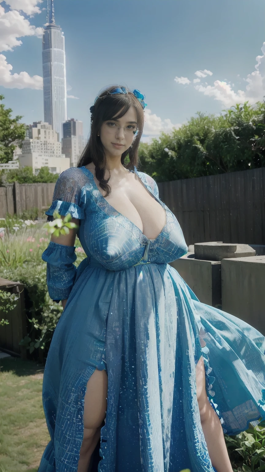 high quality,8K,high resolution,wife,1 personality,tall,realistic texture,Much Muchi,cute smile,one hand on back hip,(Plump body 8),(beautiful sky blue long frock, added net design),(Muchimuchi body 8),(newyork building or garden scenery),colorful, round sunglasses,