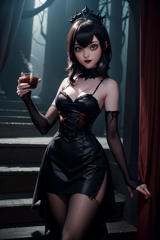 Masterpiece, Of the highest quality, Ar9:16,
graceful, Horror style cosplay,
Realistic frame, detailed figure, dark and twisted,
cinematic lighting, looming mystery,
Dark, foreboding forest environment, long, oversized crown,
bright, Creepy eyes, twisted smile,
pale skin, blood red lipstick,
Gothic style dress, torn at the hem,
exposed corset, flight of stairs in the background,
mysterious aura, shaking arms,
Grabbing a spooky tea object, like a carved wooden rabbit or