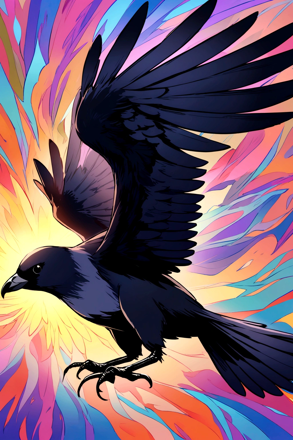 common crow, opening its wings, looking to the right, with colorful background, High quality, detailed 