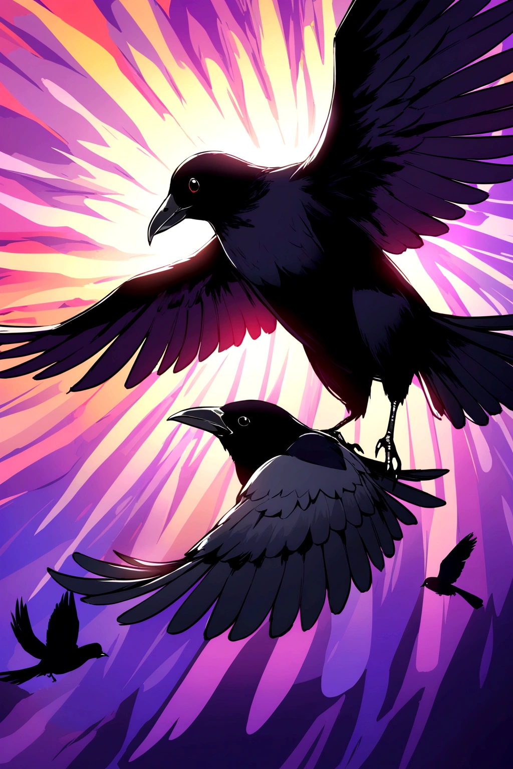 common crow, opening its wings, looking to the right, with colorful background, High quality, detailed 