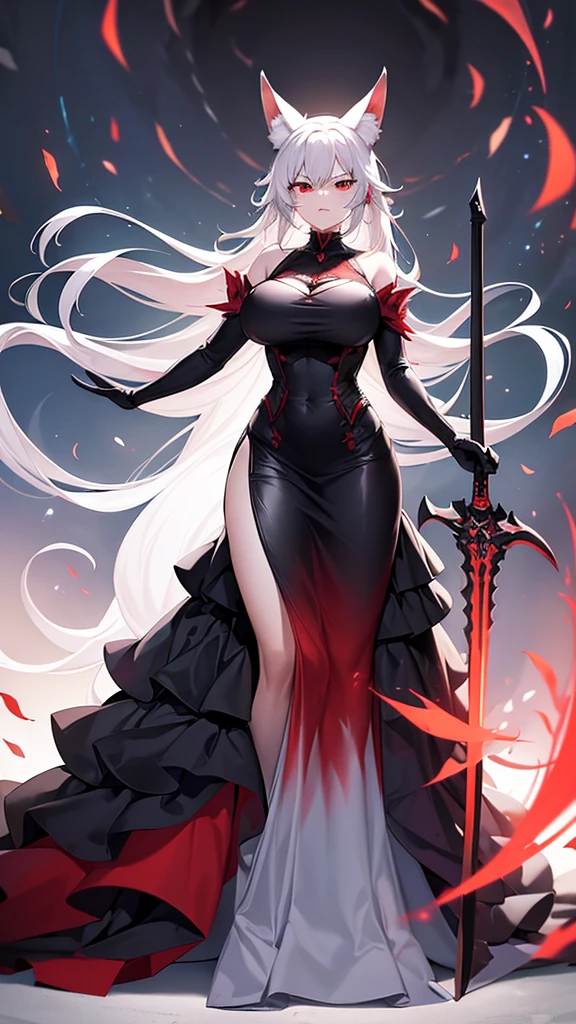 An adult woman half fox and wolf, big breasts, red eyes, white hair, very angry, in a black dress, on her back, standing, holding a sword, and very sexy