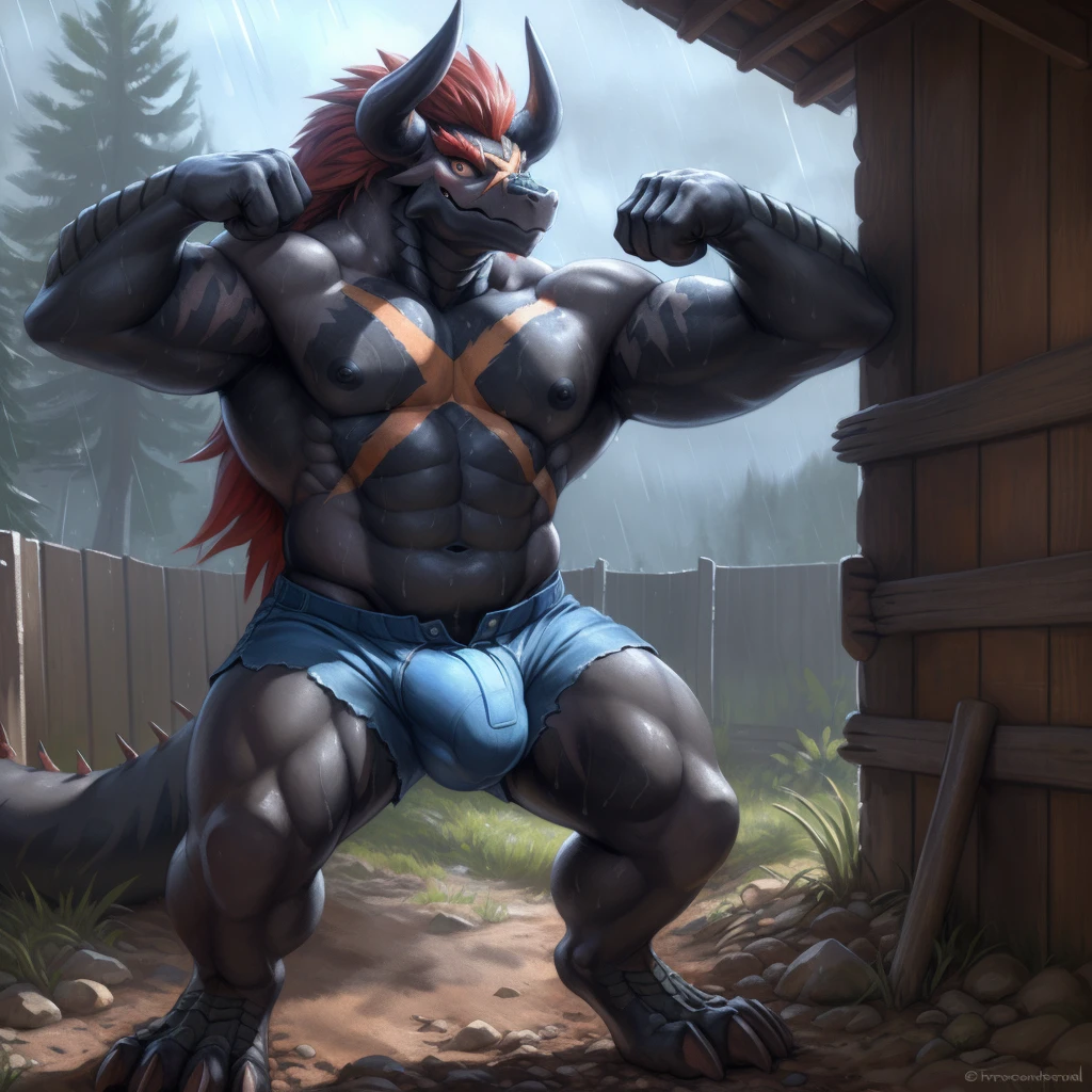 quarter view, close up view, wet, sweating, solo, (ultra detailed), a beautiful and detailed full size portrait of a male dragon, demon lord dragon batzz, ((red hair, black body, black skin, black eyes, scar)), tail, bedroom eyes, voluptuous, looking at viewer, detailed eyes, big ody, curvy_figure, cleavage, voluptuous, sexy body, (wide body). goddess, kenket, Ross Tran,ruan jia, vip, trending on artstation,foxovh, cenematic lighting, full body, ((feets visible)), (((buff, muscular anthro, nipples, blue shorts, big bulge, seductive, pose, flexing, front view, standing)), happy, blush, raining outside, dirt ground, little rocks, fenced around, fence wall, inside old medieval cabin, trees,