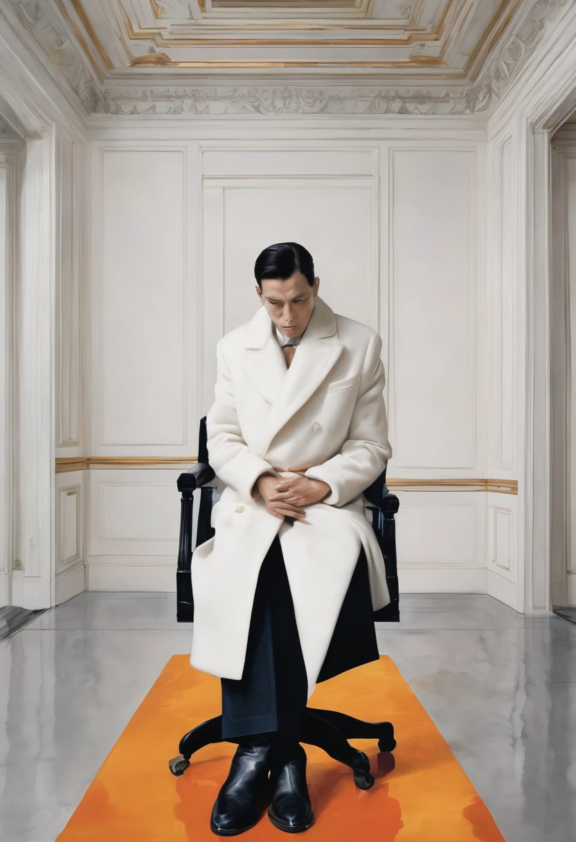 In a completely white room sits in a chair facing you, face down, a man wearing pants and a thick cotton long-sleeved coat with long sleeves and white gloves and shiny black boots. From its white head, orange watercolor emanates