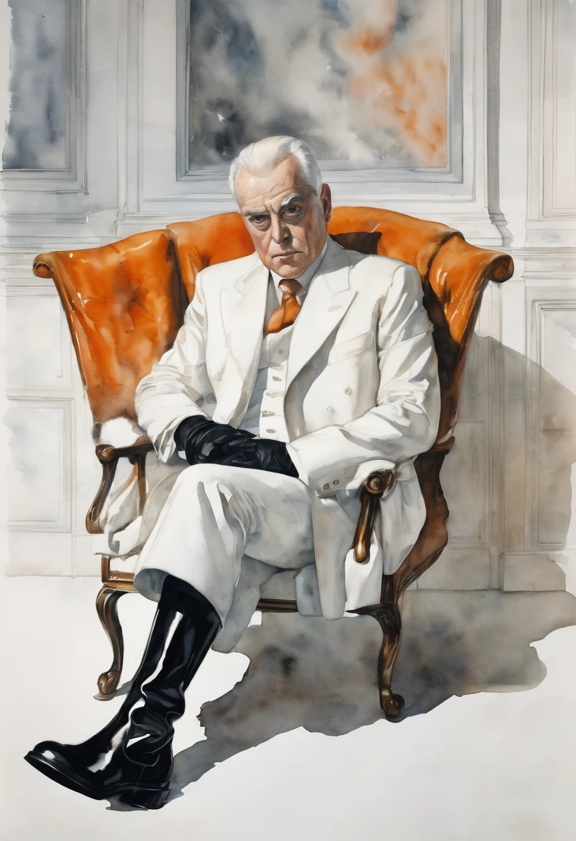 In a completely white room sits in a chair facing you, face down, a man wearing pants and a thick cotton long-sleeved coat with long sleeves and white gloves and shiny black boots. From its white head, orange watercolor emanates 