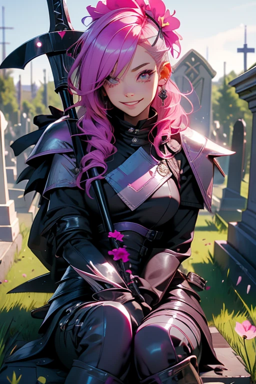 A pink haired reaper with violet eyes with an hourglass figure in leather armor is sitting on a tombstone with her scythe in a flurry of peony petals with a big smile in a cemetery
