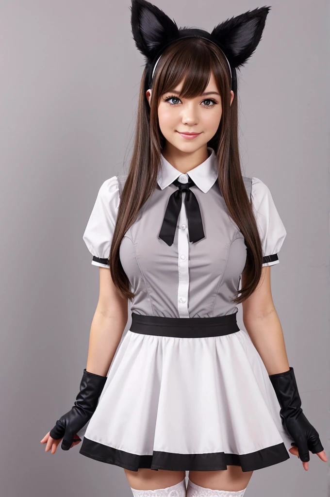 best quality, solo,Franka, 1girl, solo, long hair, breasts, looking at viewer, blush, smile, bangs, skirt, large breasts, simple background, brown hair, shirt, thighhighs, gloves, white background, animal ears, hair between eyes, brown eyes, very long hair, closed mouth, tail, short sleeves, black gloves, elbow gloves, maid dress, animal ear fluff, fox ears, fox tail, fox girl, single thighhigh, grey shirt, asymmetrical legwear,