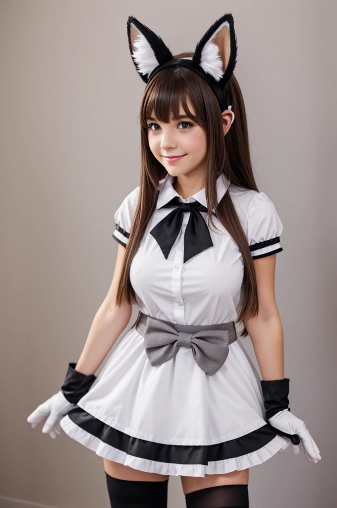 best quality, solo,Franka, 1girl, solo, long hair, breasts, looking at viewer, blush, smile, bangs, skirt, large breasts, simple background, brown hair, shirt, thighhighs, gloves, white background, animal ears, hair between eyes, brown eyes, very long hair, closed mouth, tail, short sleeves, black gloves, elbow gloves, maid dress, animal ear fluff, fox ears, fox tail, fox girl, single thighhigh, grey shirt, asymmetrical legwear,