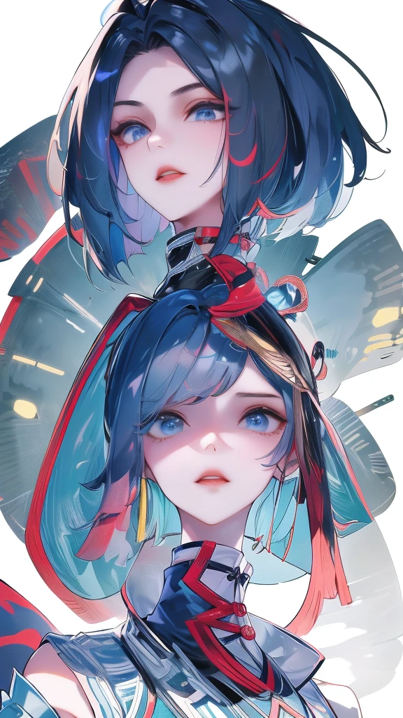 Masterpiece, Best quality, 1 Ji Ruxue, the expression is cold, strong, blue eyes, short hair, wolfcut hairstyle, smoky mix blue color hair, resolute eyes, red lips, simple Taoist Taoist uniform, Chinese mix morden, frontal photo, black or white background, simple background, アニメ, illustration, Chinese style short-sleeved shirt, cool girl, Ji Ru Xue, Fullbody, blank background , full HD