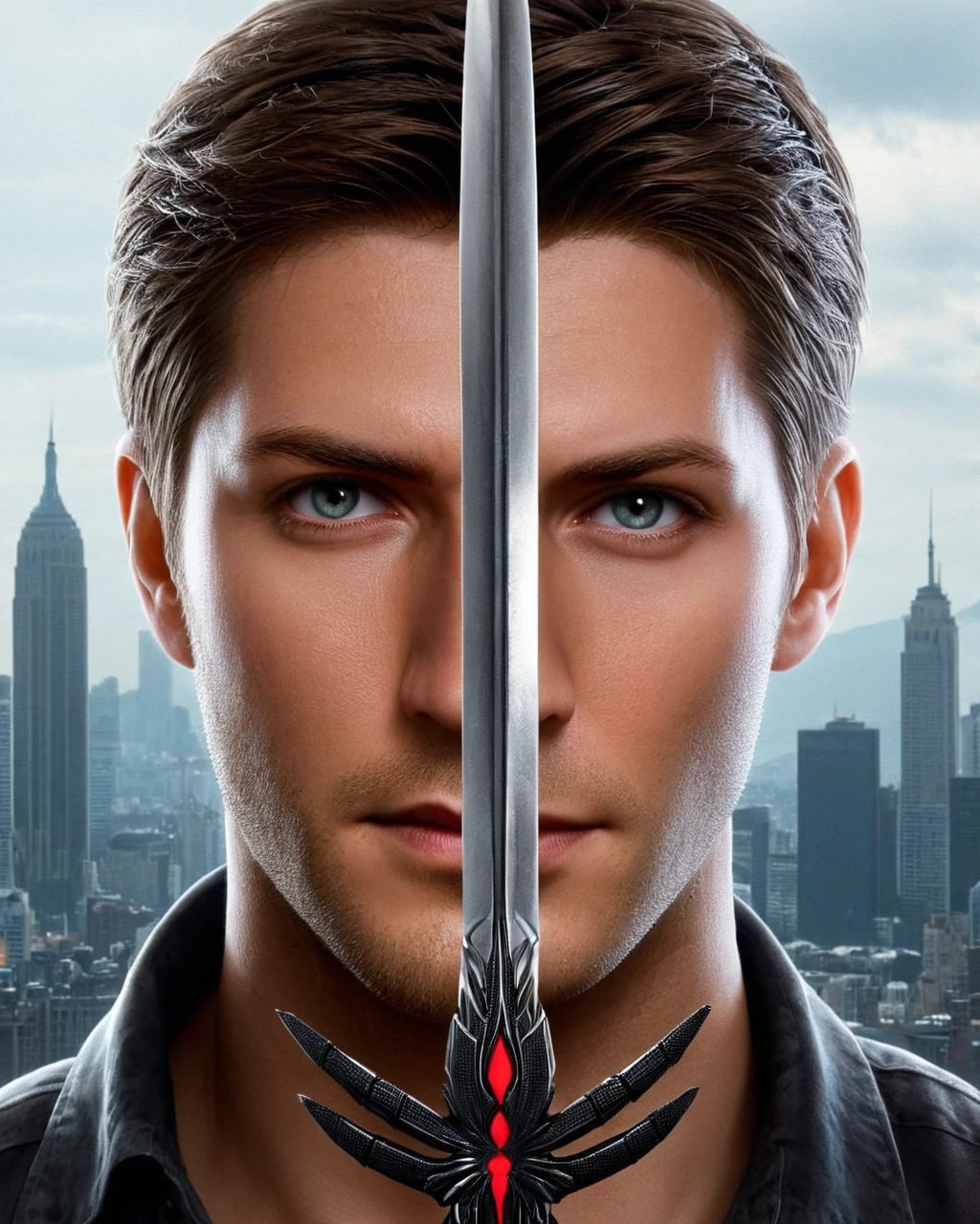 (half of the face is Forseti, on other half its Spider-Man:1.25), amazing quality, city in background, digital art, TwoFace Blade Jensen Ackles