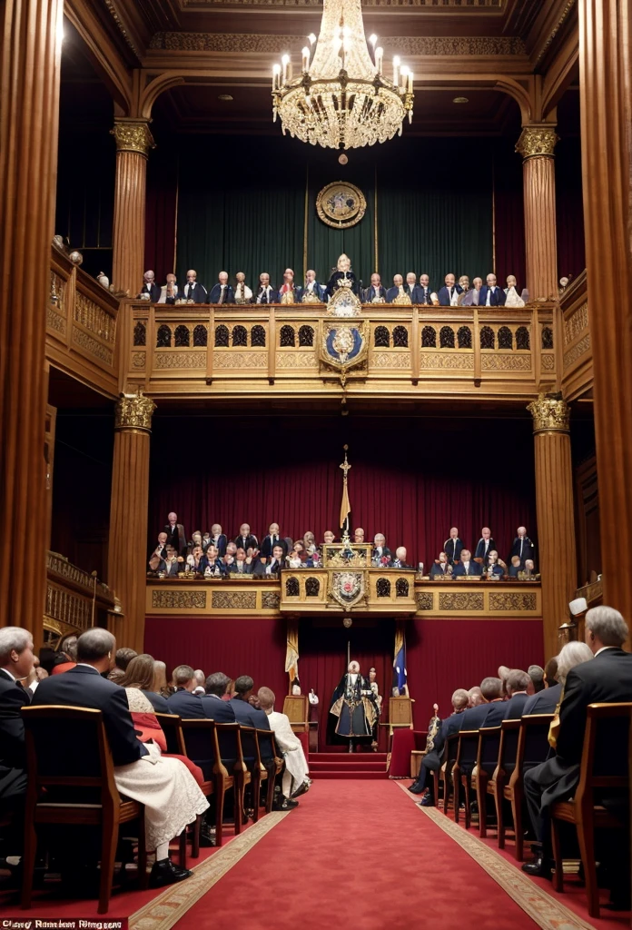 A dramatic historical scene depicting King Charles I of England, dressed in his regal attire with a crown and a luxurious royal mantle, standing in the center of a grandiose room filled with parliament members. The parliament is crowded with men in traditional 17th-century clothing, engaged in intense debate. King Charles I appears defiant and commanding, while the parliament members show mixed expressions of anger and concern. The room is richly decorated with tapestries and chandeliers, capturing the tension between monarchy and parliament