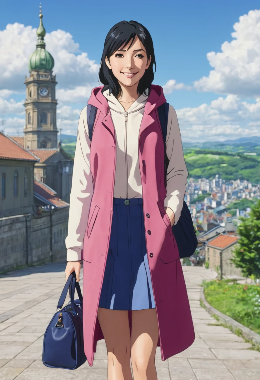 Hina amano, Bblack hair, hypdertailed, blue colored eyes, ssmile, overskirt, jaket, sleeveless, hooded cloak, duffel bag, moletom com hooded cloak, jaket branca, duffel bag, hooded cloak para baixo, jaket com hooded cloak, overskirt rosa, jaket sleeveless, moletom com hooded cloak sleeveless, plein-air, sky, giorno, nube, sunshine light, sky nublado, Tuuli, lightrays, gazing at viewer, (Masterpiece artwork:1.2), best qualityer, high resolution, papel de parede unity 8k, (illustration:0.8), (beautiful and detailed eyes:1.6), extreme detailed face, perfect lighting, extremely detailed CG, (perfect hands, Perfect Anatomia),