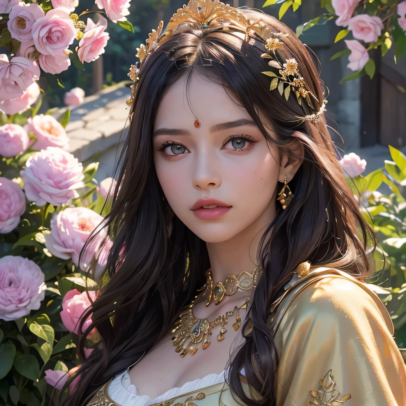 (best quality,4k,8k,highres,masterpiece:1.2),ultra-detailed,(realistic,photorealistic,photo-realistic:1.37),a girl in a garden,medium:oil painting,beautiful detailed eyes,beautiful detailed lips,extremely detailed eyes and face,long eyelashes,translucent silk,deep violet color,gold trim,gold embroidered flowers,Indian woman aged 30,focus on the cloak,vivid colors,soft lighting