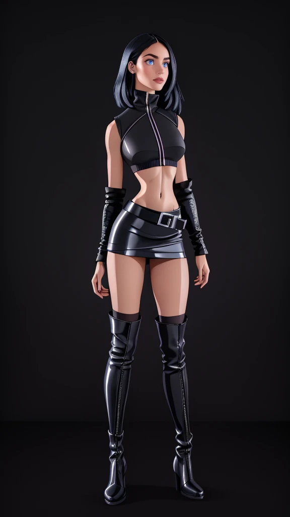 beautiful girl, ((standing:1.4)), (confident gaze:1.1), full body, short bright neon streaked black hair, ((realistic highly detailed eyes:1.4)), ((seductive pose:1.2)), fit, Athletic, black eyeshadow, (street style wear:1.2), ((short skirt)), ((knee high leather boots)),((dark plain black background:1.4)), dark makeup, digital art, trending on artstation, highly detailed, fine detail, intricate, detailed facial features, sharp focus, smooth, aesthetic,