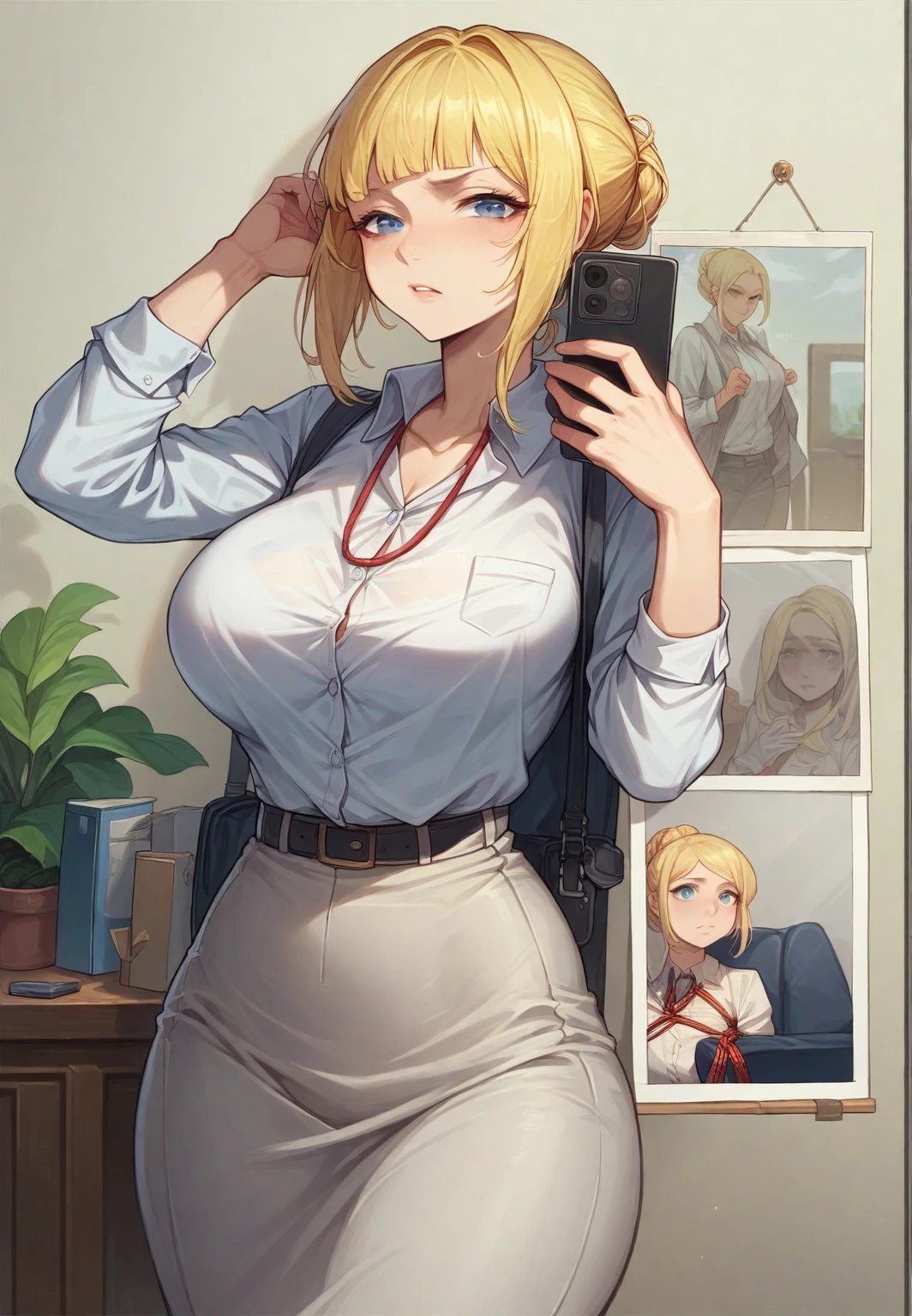 (( straight face picture )) ((best quality)), ((Masterpiece)), (details), ( Bright picture ). Young woman , yellow hair tied up ,blue eyes , Take a picture , Office lady , photographer , big breasts, Big hips