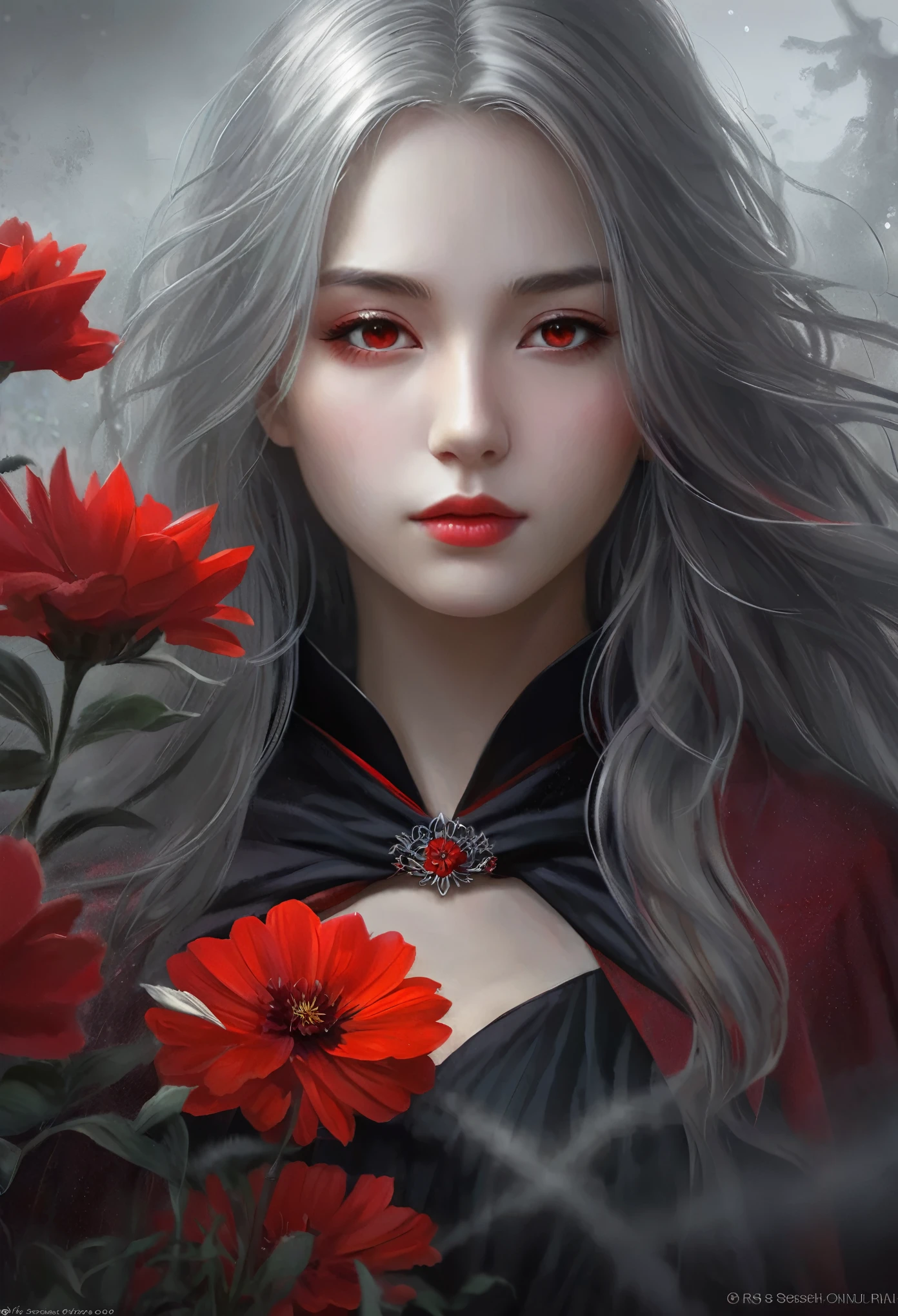 One girl,alone,One girl,alone,((Beautiful attention to detail)), (Detailed light), Depth of written boundary,(Gray Hair), Silver Eyes, Hair on one eye,(Red flower), Hair Flowers, long Hair, Black Cape, moist skin, emotionless, Recall, night, Starfall, it is foggy, fog, mist, Red flowers falling, sketch, Upper Body, Strong Shadows,