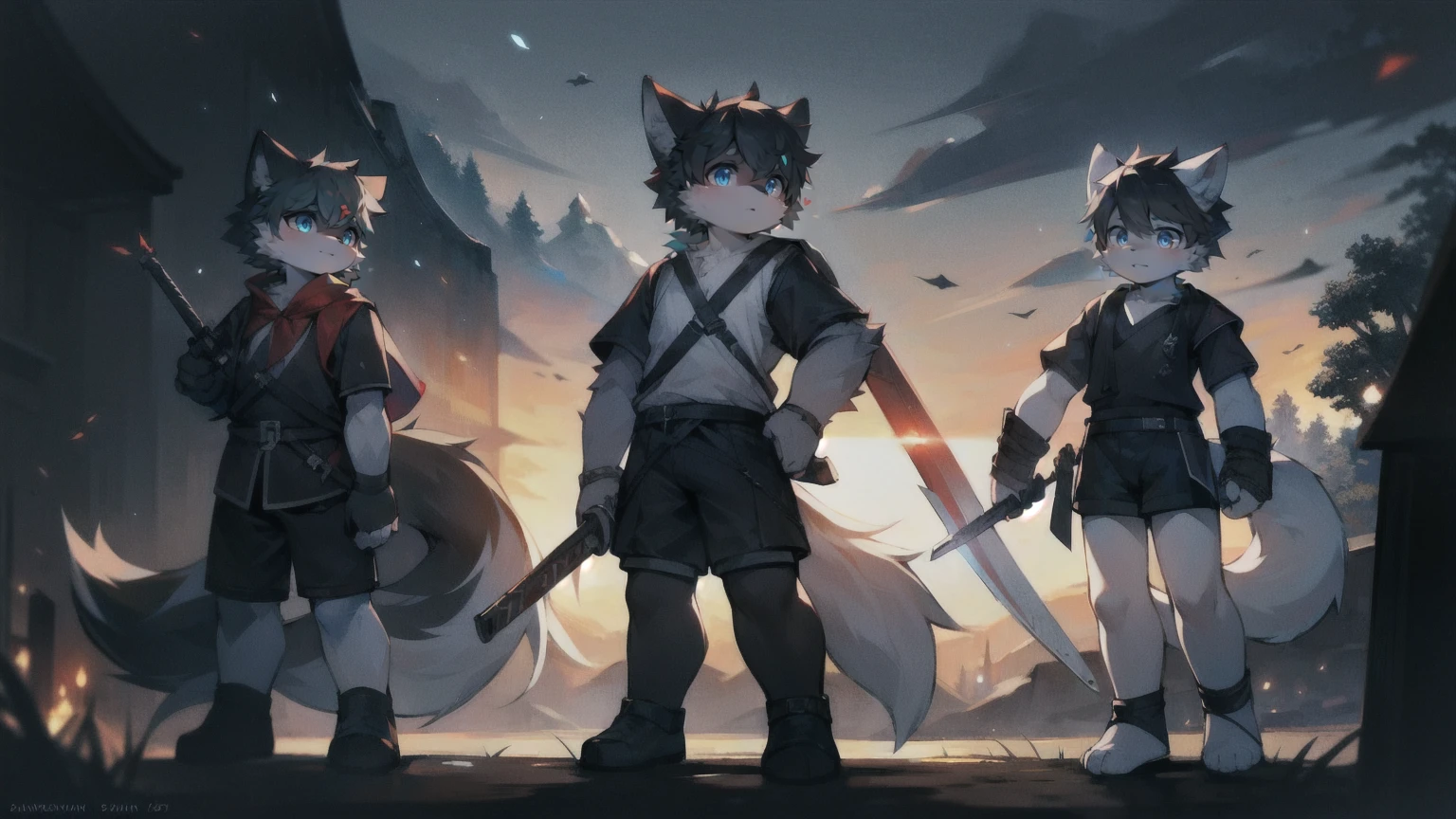 White Wolf，black hair，Sky blue eyes，hairy，Wolf ears，Wolf tail，Full body portrait，The character is in the center of the frame，Handsome，Confident eyes，male，juvenile，Black and white combat uniform，Red neck bib，Black shorts，Short sleeve，hairy arms and legs，Dark background，Dark battlefield，dawn，sunrise，dawn，illumination，shadow，Swordsman，Scabbard and sword，Hold the hilt of a sword in your hand，The scabbard is at the waist，Highest quality