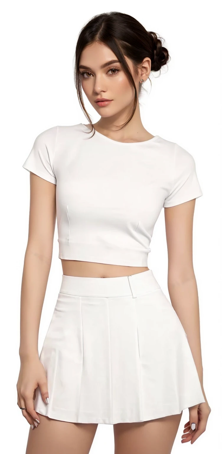 a woman in a White top and skirt posing for a picture, White top, with torn t-shirt, top cut, top cut, wearing a cropped tops, plain and tight white suit, trendy white clothes, casual white clothes, wearing a cropped top, usando um top cropped sexy, wearing top cut, plain white undershirt, white clothes, white undershirt