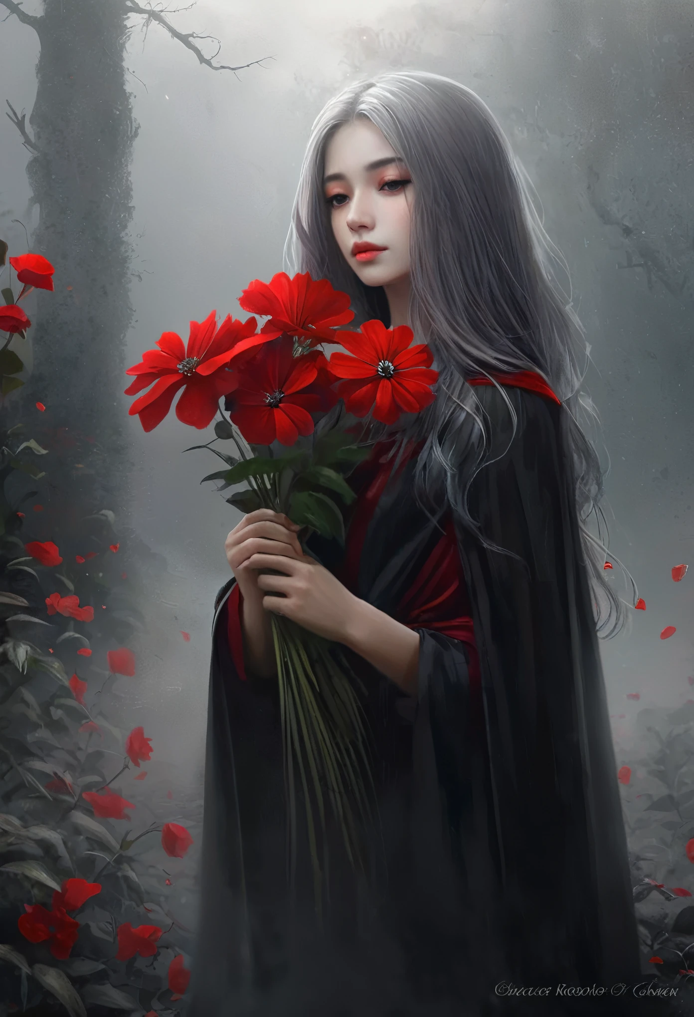One girl,alone,One girl,alone,((Beautiful attention to detail)), (Detailed light), Depth of written boundary,(Gray Hair), Silver Eyes, Hair on one eye,(Red flower), Hair Flowers, long Hair, Black Cape, moist skin, emotionless, Recall, night, Starfall, it is foggy, fog, mist, Red flowers falling, sketch, Upper Body, Strong Shadows,