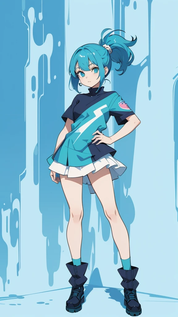 Blue-haired side ponytail，Design clothing，Seven-doppelganger shot，Anime style 4K，Anime girl with teal hair，High quality anime art style，Standing painting，Splash ink background，Blue Themes。