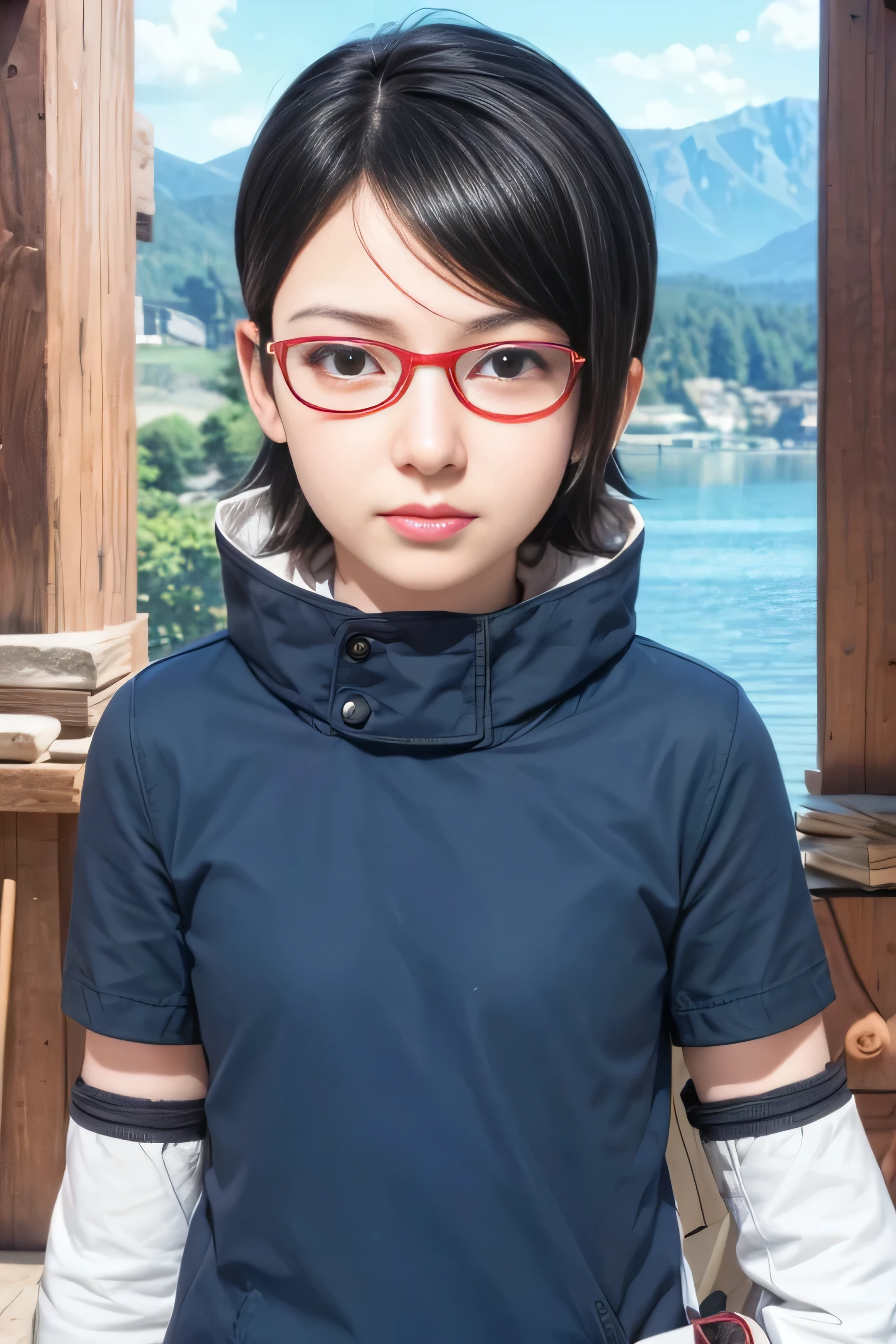 masterpiece, best quality, (realistic,photo-realistic:1.4), (RAW photo:1.2), extremely detailed CG unity 8k wallpaper, delicate and beautiful, amazing,finely detail, official art, absurdres, incredibly absurdres, huge filesize, ultra-detailed,extremely detailed eyes and face,light on face,(little smile),(black hair:1.4),(wearing white coat:1.4),(very short hair:1.4),nature,sarada uchiha ,(wearing red framed glasses:1.4),(nature background:1.4),(wearing blue coat),elf ears