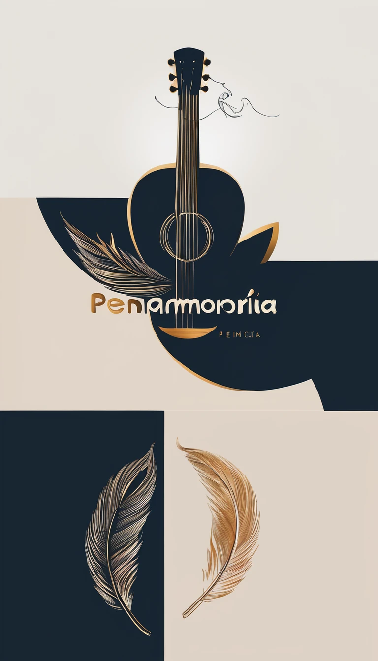 A minimal, modern, simple, cinematic logotype for the brand “Penamemoria". The logotype must be a simple, magical feather and a boy playing acoustic guitar. The logo must convey a sense of music, stories and dreams. Logo design impressed on a book cover. Minimalistic logo