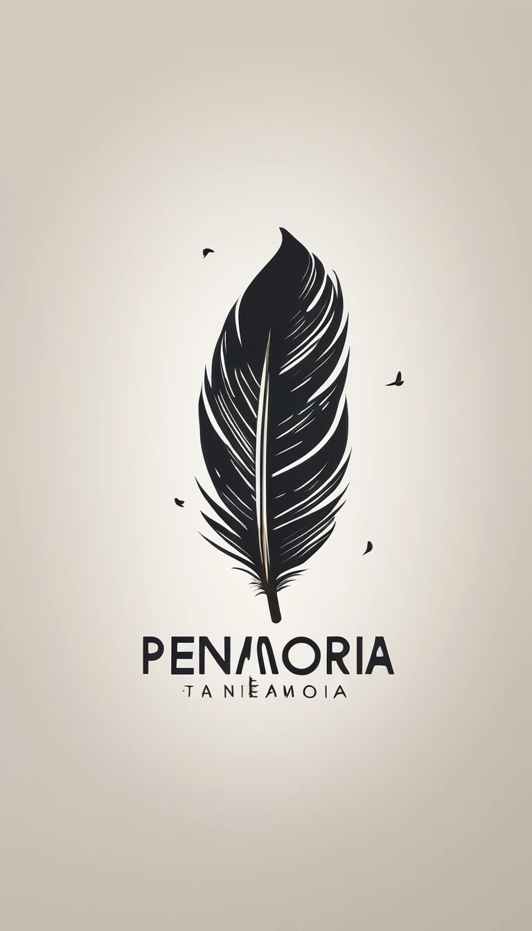 A minimal, modern, simple, cinematic logotype for the brand “Penamemoria". The logotype must be a simple, magical feather and a boy playing acoustic guitar. The logo must convey a sense of music, stories and dreams. Logo design impressed on a book cover. Minimalistic logo