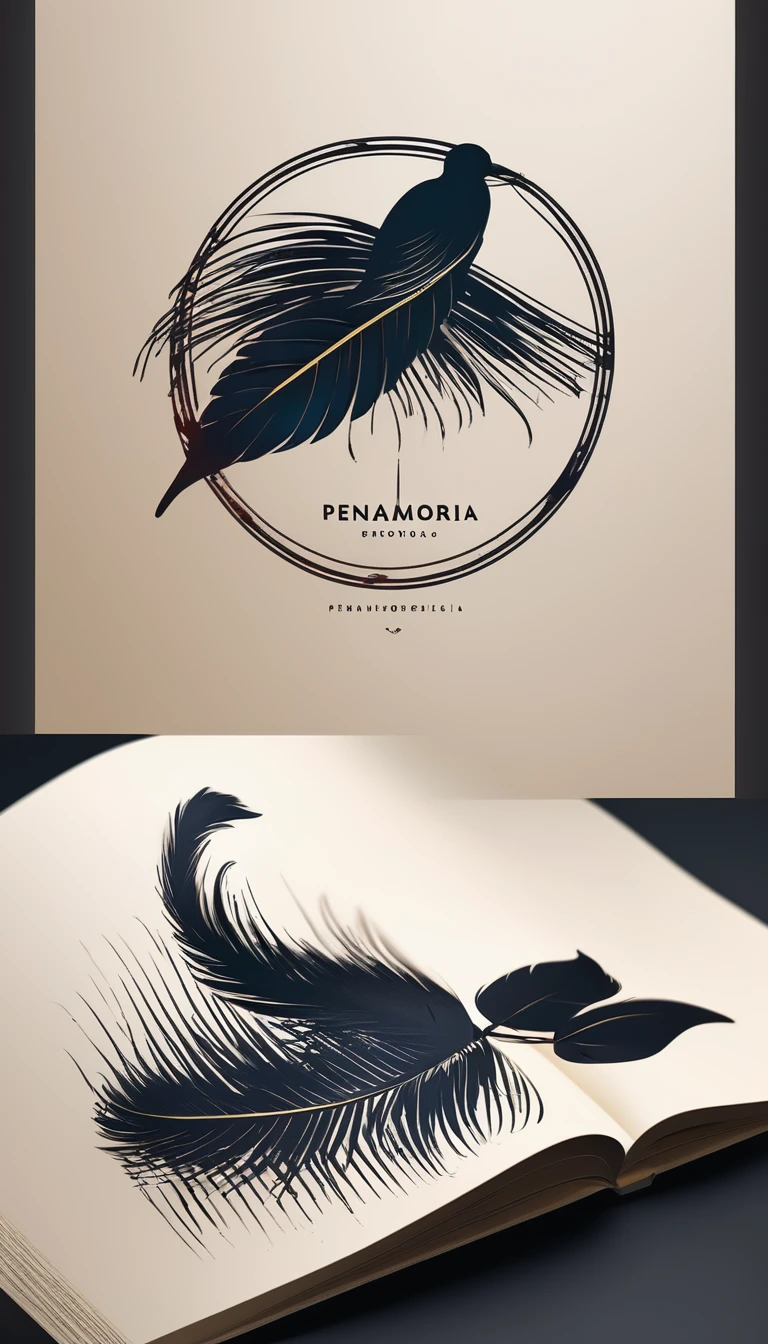 A minimal, modern, simple, cinematic logotype for the brand “Penamemoria". The logotype must be a simple, magical feather and a boy playing acoustic guitar. The logo must convey a sense of music, stories and dreams. Logo design impressed on a book cover. Minimalistic logo