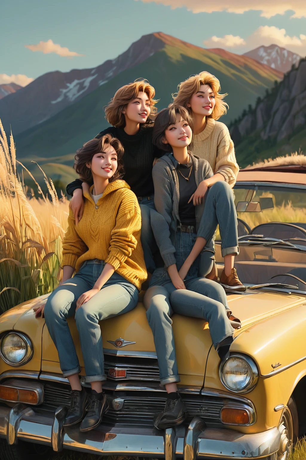 Create an image of two individuals sitting on the hood of a vintage car. The clothing should be casual, with one individual wearing a black top and jeans, and the other in a yellow sweater and light blue jeans. Both have medium-length hair styled in a relaxed manner. The location is outdoors during golden hour, with soft, warm lighting accentuating the scene. Tall grass surrounds the car, and mountains can be seen in the background under a clear sky. The pose is casual and friendly, with one individual facing slightly towards the camera while the other faces them as if engaged in conversation. Properties include the vintage car which should have a classic design indicative of mid-20th-century models. The camera angle is from a lower perspective looking up at the individuals to capture both their relaxed demeanor and the scenic background.