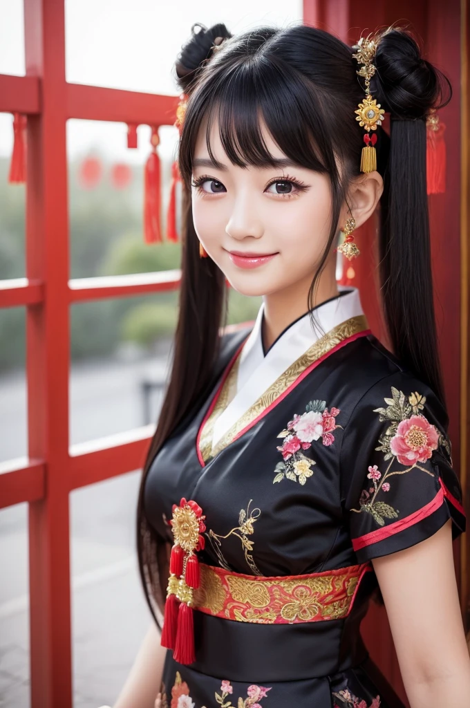 1 beautiful woman,chinese dress,posing,whole body,cute face,double eyelid,smiling,twin tail,black hair,black eyes,from front,daylight,hair ornament,masterpiece, extremely fine and beautiful,japanese