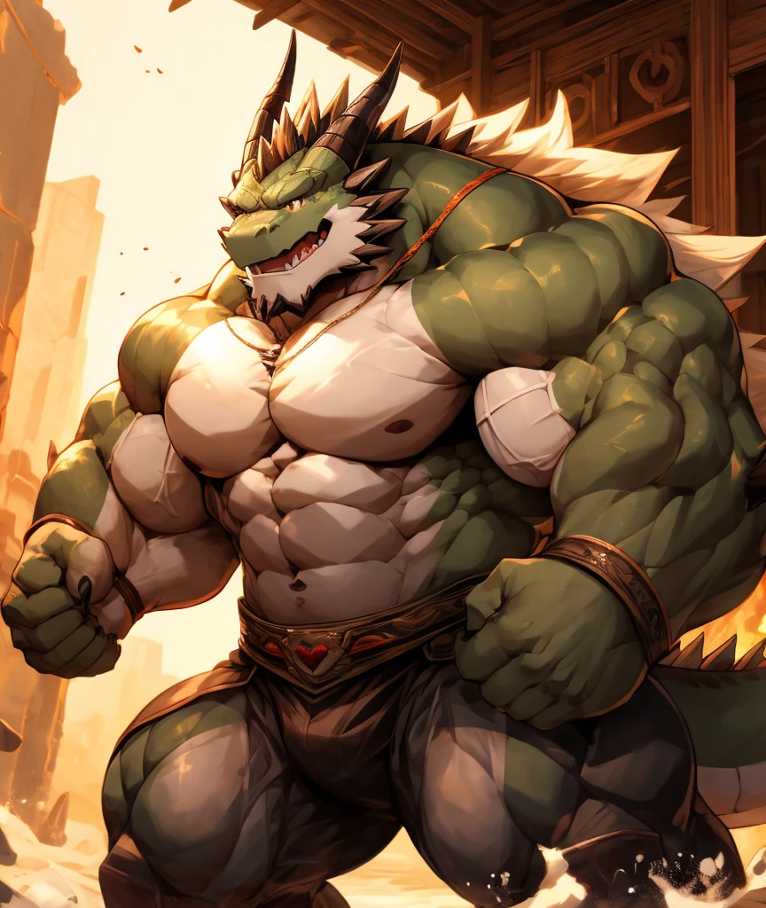 

Dragon Orc，Strong body，muscular，Like a born strong man。His skin looks healthy and fair...，Muscle and fat intertwined，Create unique skin texture，Perfect and powerful。

His arms are as strong as iron pillars，Well-defined muscles，It seems to contain infinite power。Palms are generous，Sharp fingers and claws，Showing his wildness and strength。

He has a big heart，Muscle bulge，As if it could withstand any impact。Very good abdominal muscles，腰部Full of power，Like an indestructible mountain。

His legs are muscular，Seems to be able to overcome any obstacle。Calf muscle lines are smooth，Full of power，A dragon that looks strong and agile&#39;The tail is strong and powerful，The scales at the end of the tail shone with cold light，Showing his majesty and mystery。

The whole picture is dominated by cold colors..，强调白Dragon Orc的力量和威严。In the treatment of light and shadow，Let the gentle sunshine shine on him，Make his muscles more three-dimensional and vivid。at the same time，Pay attention to his facial expressions and eyes，He showed his perseverance and courage，Like an invincible strongman。